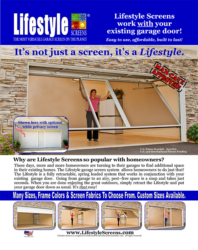 Garage Screens, can be added to your exisiting garage door. Comes in many sizes, frame colours and screen fabrics. Custom sizes are available.
